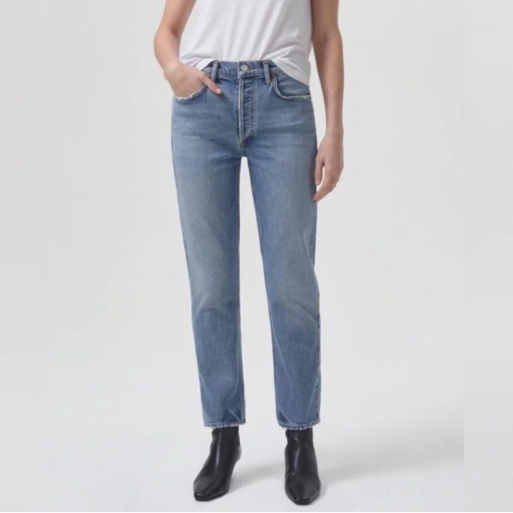 NWT Agolde Riley Long High Rise Straight Jeans Quiver Blue Distressed Size 25
